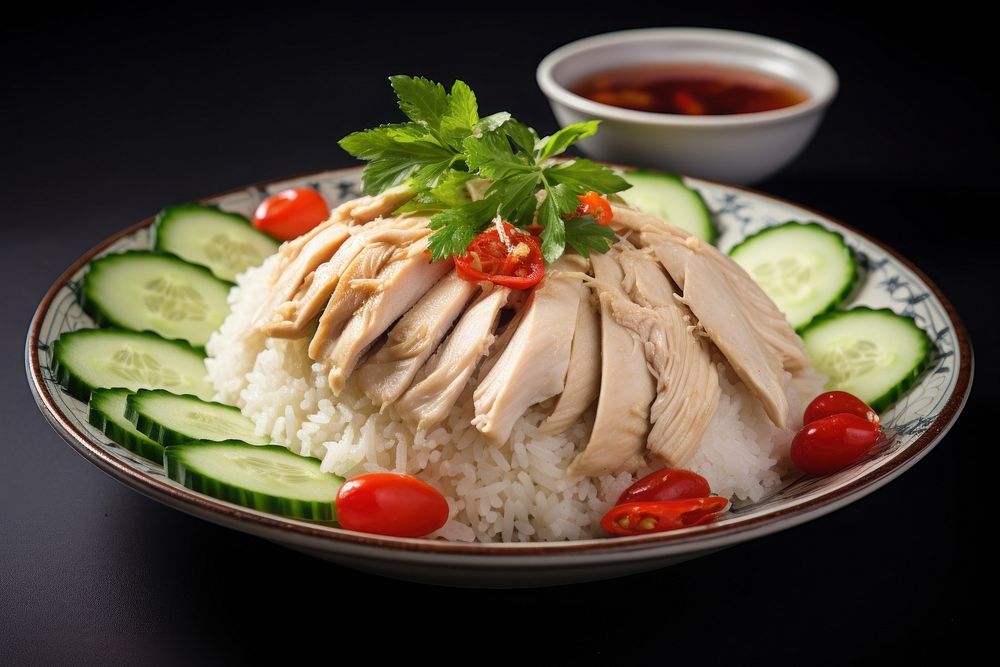 Hainanese chicken rice plate food meal. AI generated Image by rawpixel.