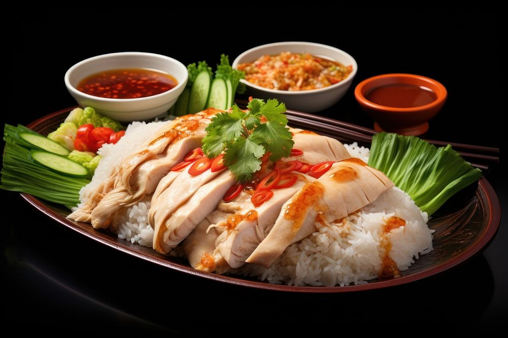 Hainanese chicken rice plate meal food. AI generated Image by rawpixel.
