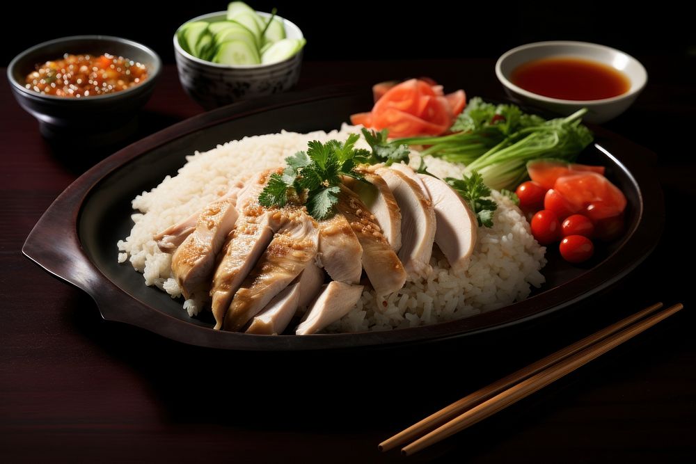 Hainanese chicken rice chopsticks plate meal. AI generated Image by rawpixel.