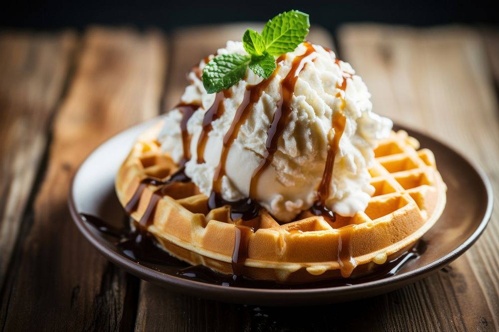 Waffles and ice cream dessert sundae plate. AI generated Image by rawpixel.