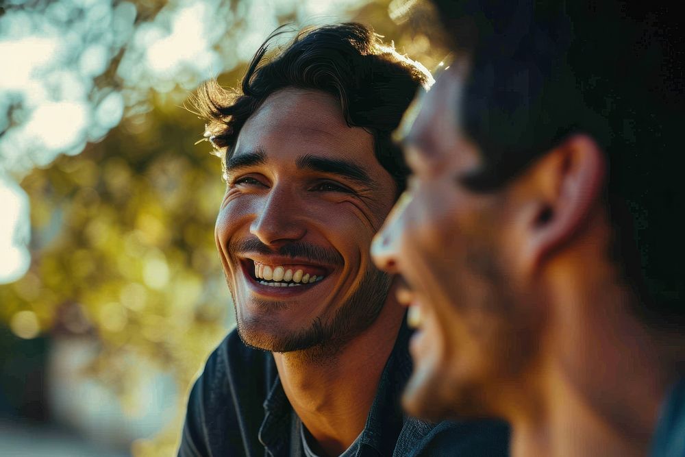Smiling 2 man laughs outside laughing portrait adult. AI generated Image by rawpixel.