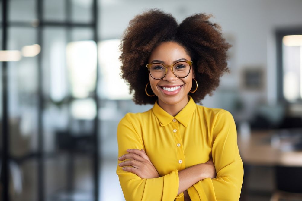 African american woman glasses portrait smiling. AI generated Image by rawpixel.