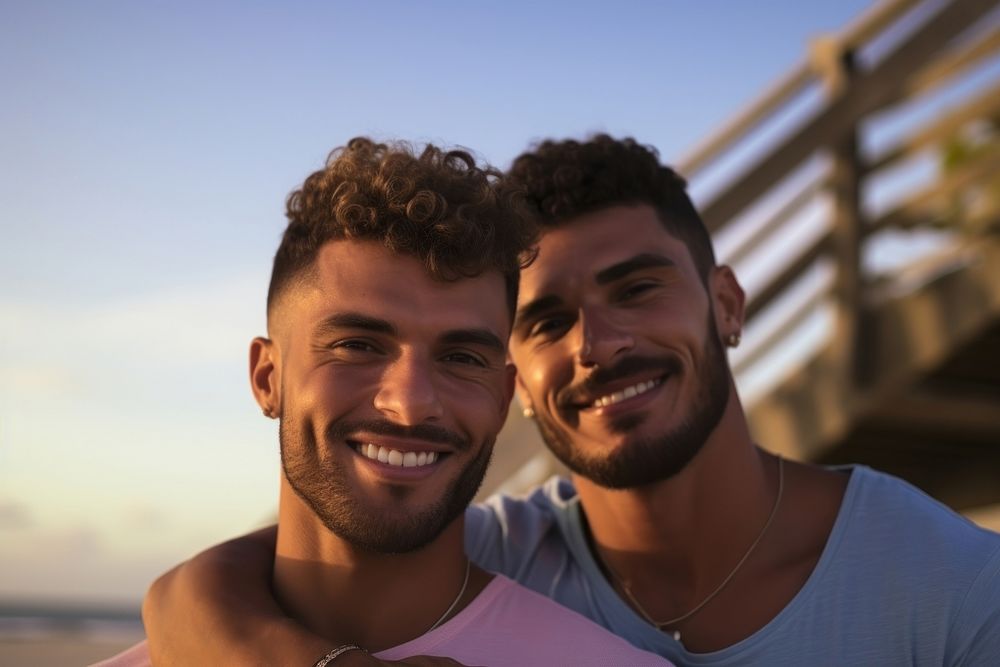 Brazilian gay couple portrait romance smile. AI generated Image by rawpixel.