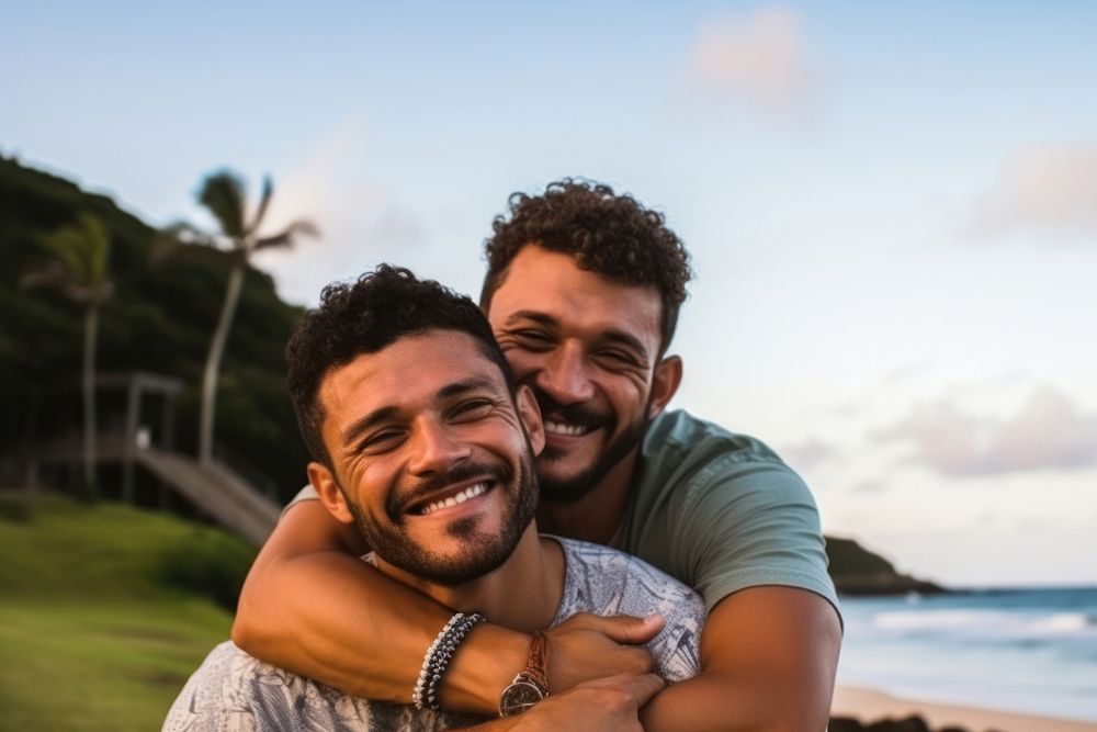 Brazilian gay couple portrait romance beach. AI generated Image by rawpixel.