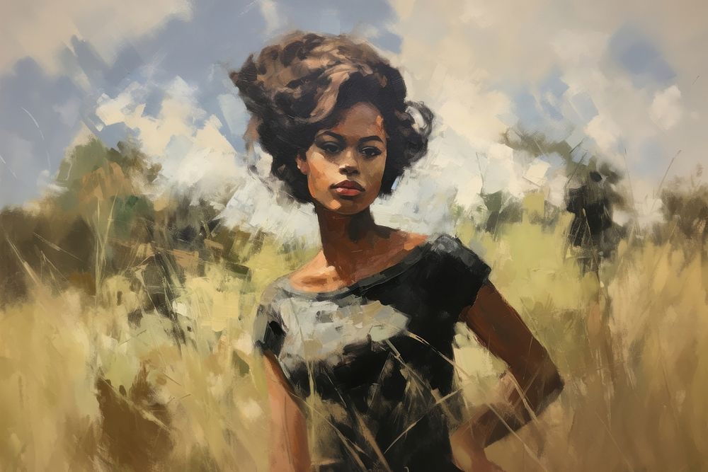 Oil painting of a black woman portrait adult field. AI generated Image by rawpixel.