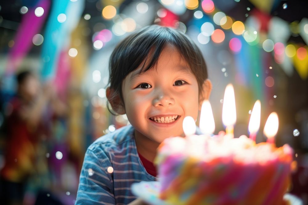 8th birthday party of Indonesian boy cake blowing dessert. 