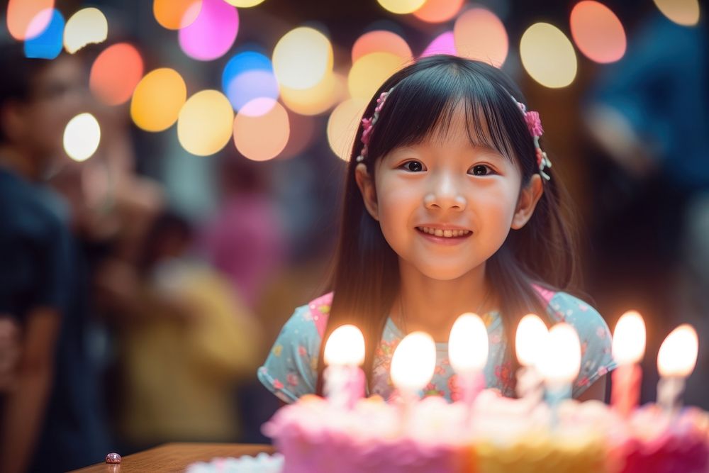 8th birthday party of Indonesian girl cake dessert blowing. AI generated Image by rawpixel.