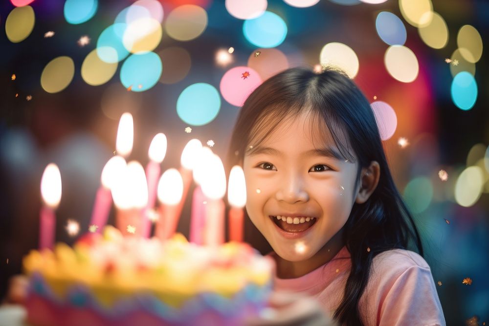 8th birthday party of Indonesian girl cake blowing dessert. AI generated Image by rawpixel.