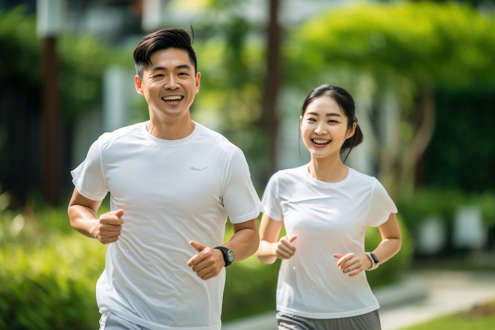 Asian couple jogging running sports adult. AI generated Image by rawpixel.