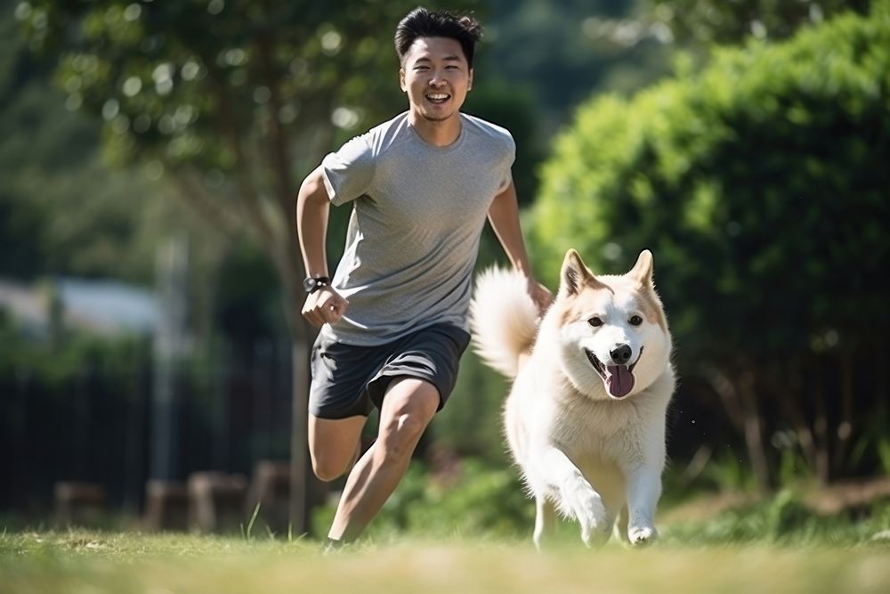 Man running with dog jogging sports mammal. AI generated Image by rawpixel.