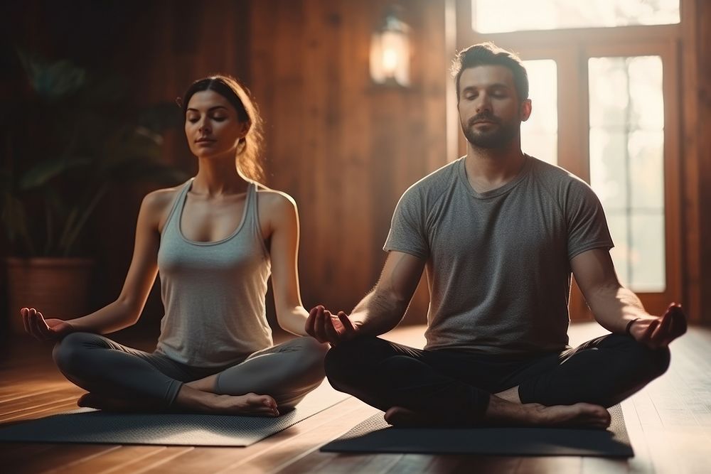Man and woman practicing yoga exercises sports adult cross-legged. AI generated Image by rawpixel.