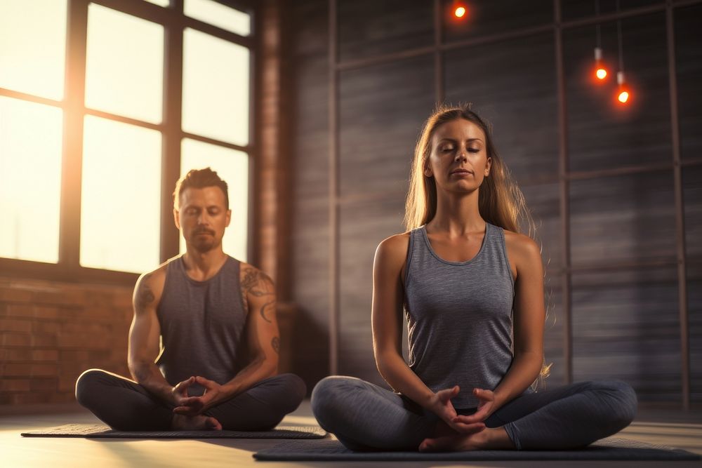 Man and woman practicing yoga exercises sports adult concentration. AI generated Image by rawpixel.