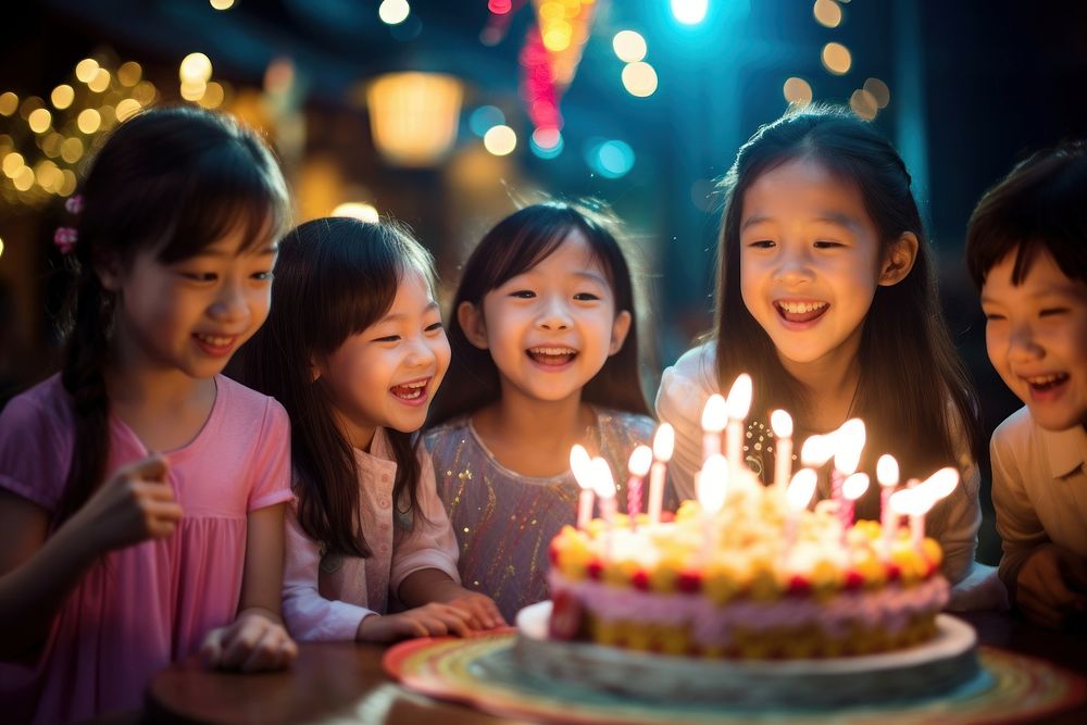 Birthday party of Thai kids cake dessert blowing. AI generated Image by rawpixel.