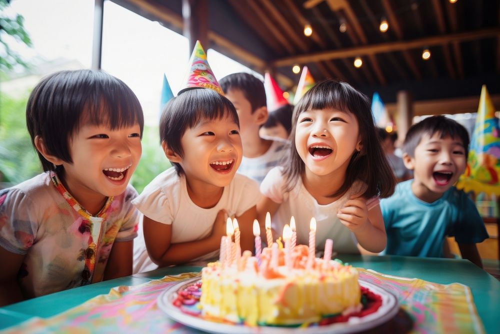Birthday party of Thai kids cake blowing dessert. AI generated Image by rawpixel.