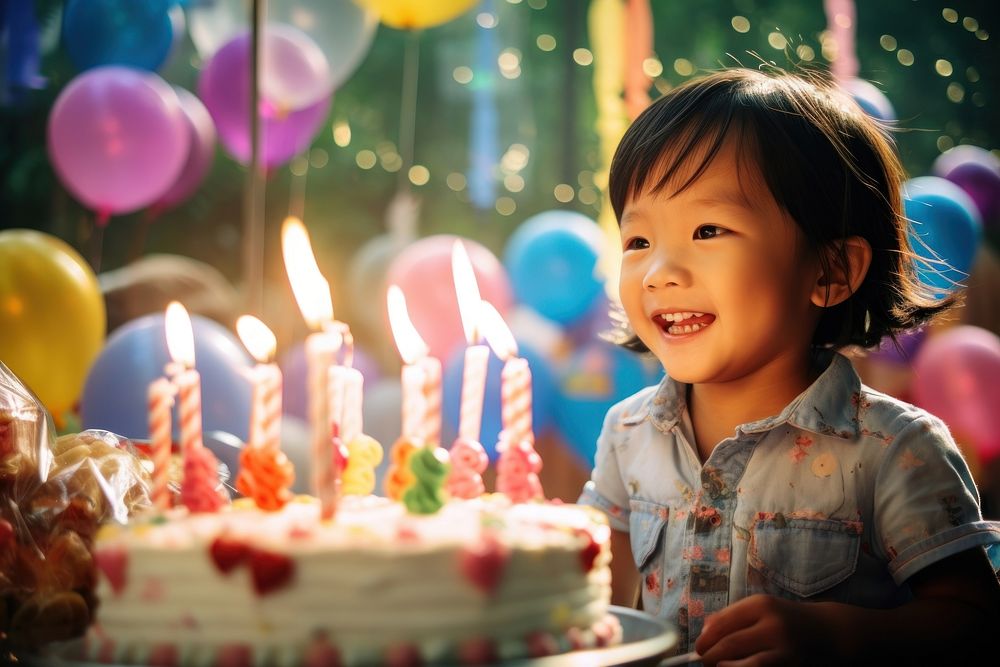 Birthday party of Vietnamese kid cake dessert blowing. AI generated Image by rawpixel.