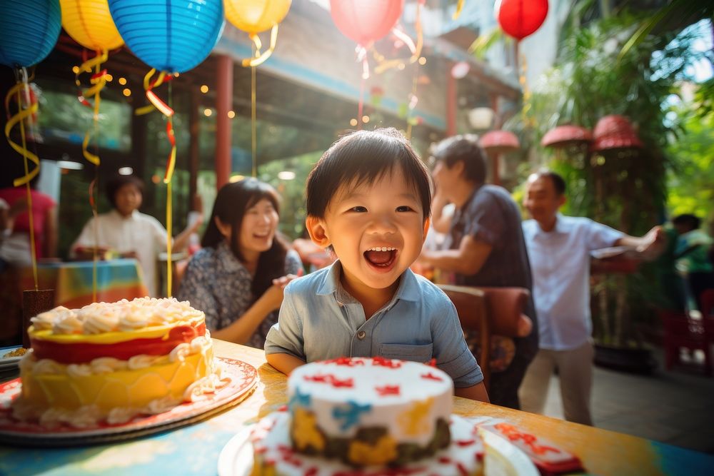 Birthday party of Vietnamese kid cake portrait blowing. AI generated Image by rawpixel.