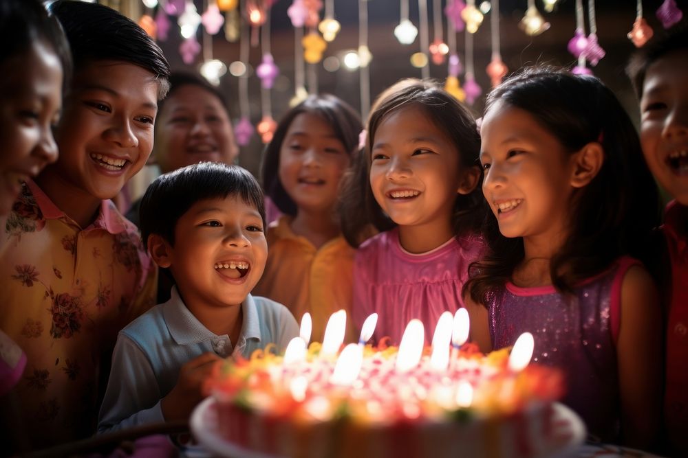 Birthday party of Filipino kids cake dessert blowing. AI generated Image by rawpixel.