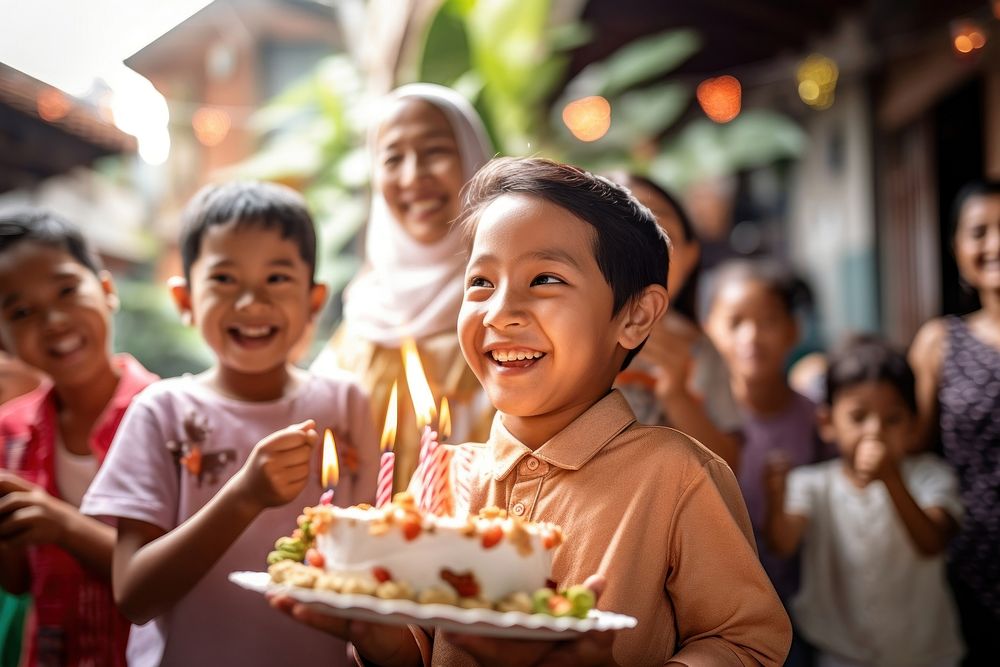 Birthday party of Indonesian kid cake blowing dessert. AI generated Image by rawpixel.