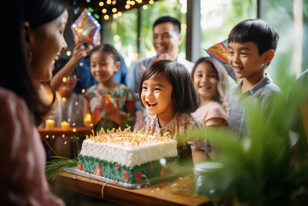 Birthday party of Indonesian kid cake dessert blowing. AI generated Image by rawpixel.