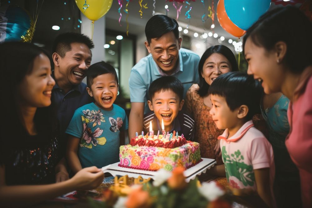 Birthday party of singaporean kids cake blowing dessert. AI generated Image by rawpixel.