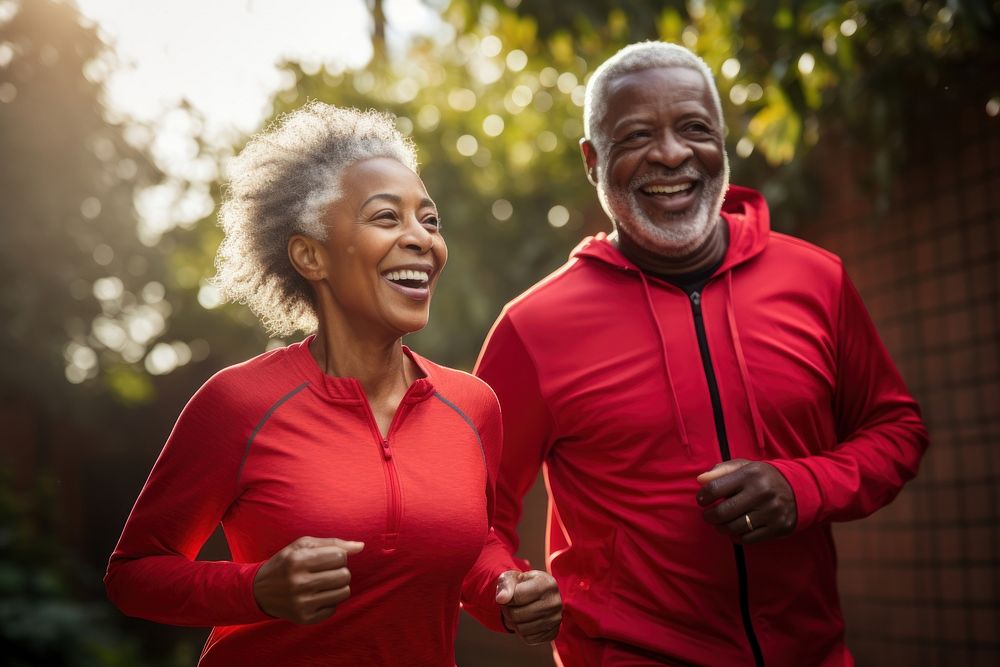 Elderly African-american couple jogging laughing sports adult. AI generated Image by rawpixel.