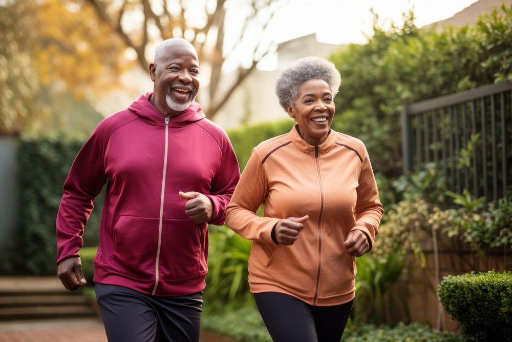 Elderly African couple jogging running sports adult. AI generated Image by rawpixel.