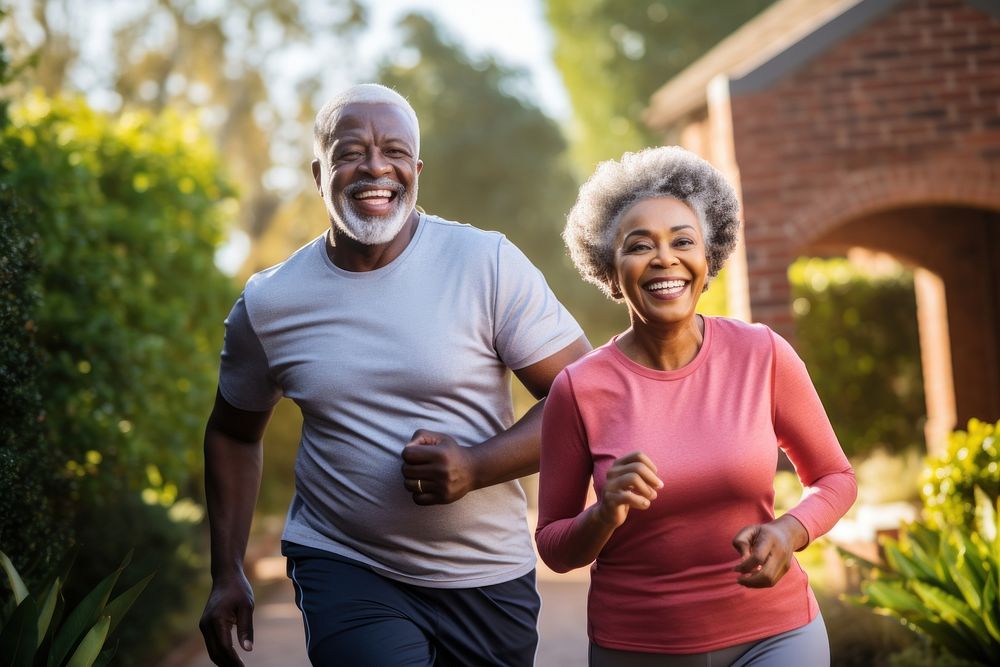 Elderly African couple jogging running sports adult. AI generated Image by rawpixel.