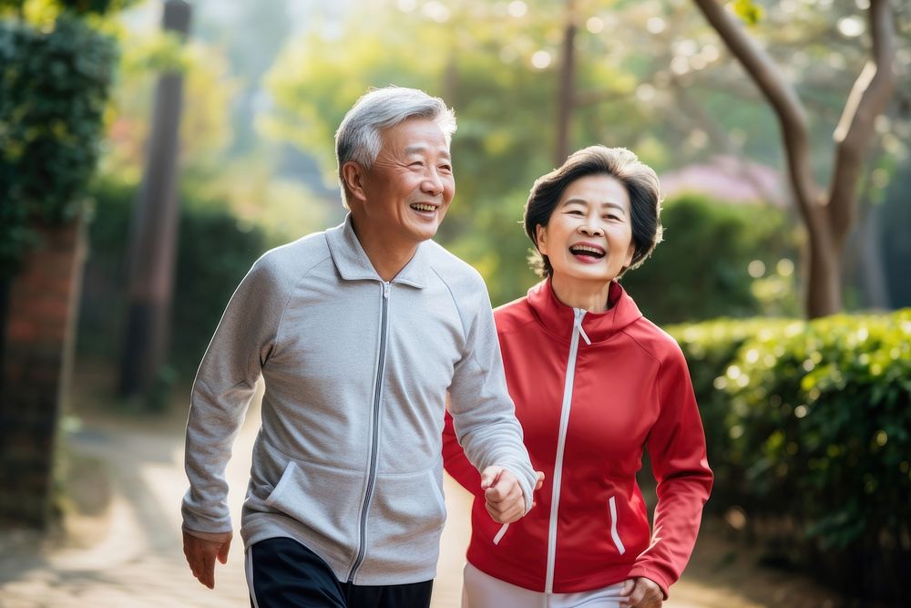 Elderly japanese couple jogging sports adult togetherness. AI generated Image by rawpixel.