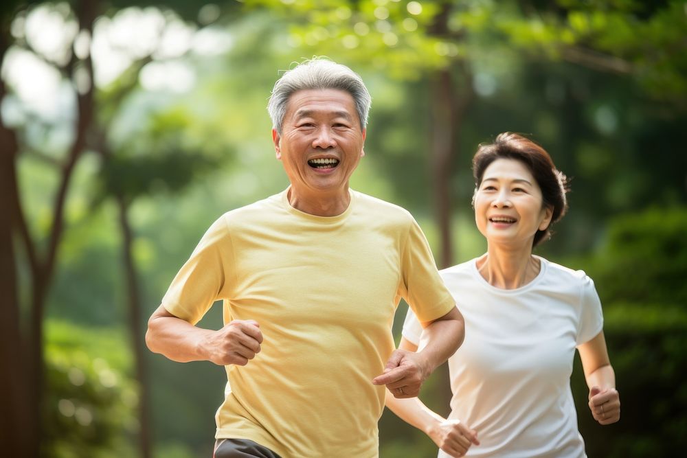 Elderly japanese couple jogging running sports adult. AI generated Image by rawpixel.