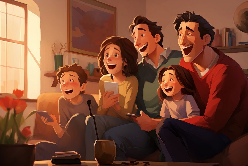 Family watching tv together laughing sitting cartoon. AI generated Image by rawpixel.