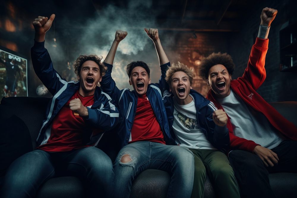 Group of 4 friends cheering together shouting football motion. AI generated Image by rawpixel.