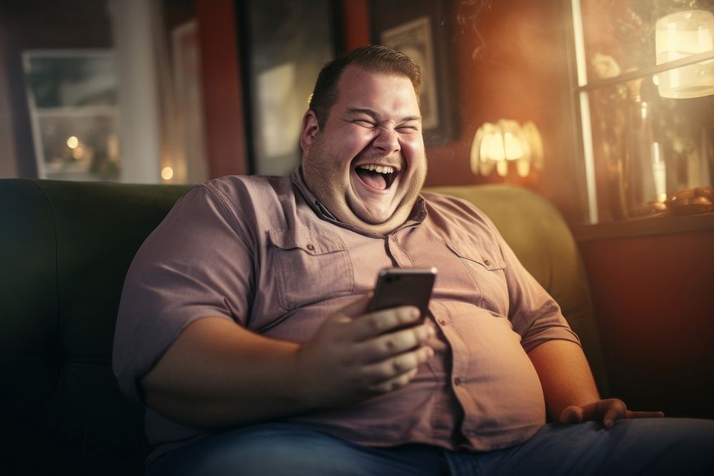 Happy relaxed chubby man using cell phone laughing smiling sitting. AI generated Image by rawpixel.