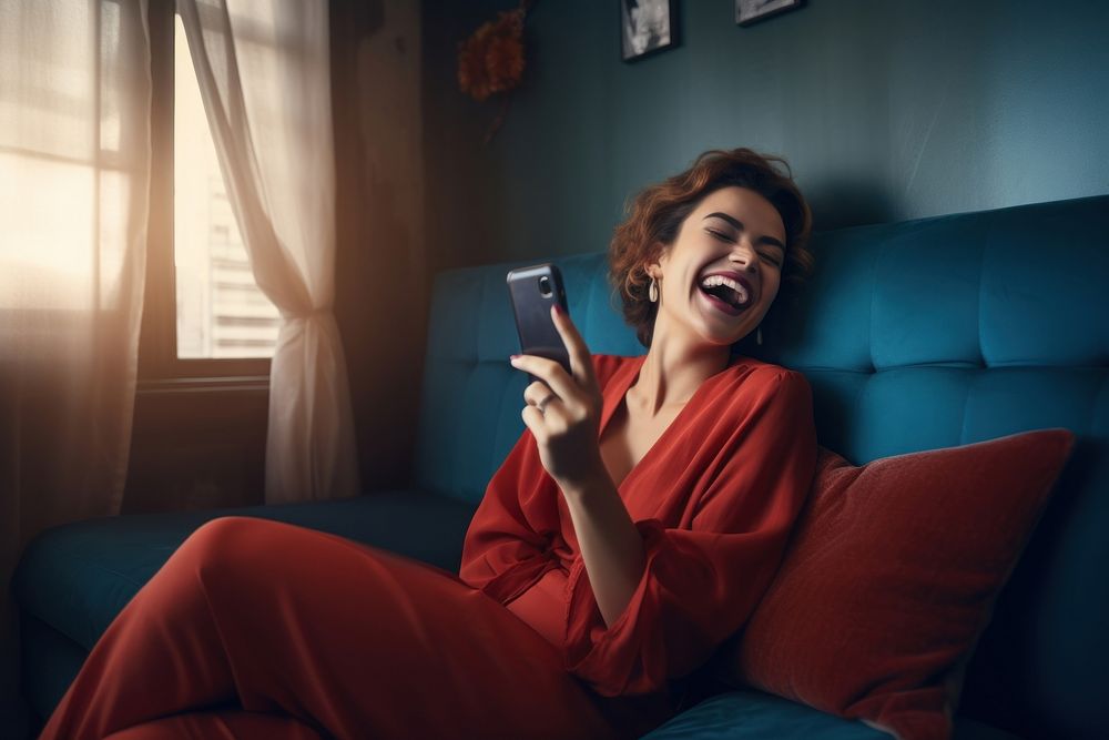 Happy relaxed young woman using cell phone laughing smiling sitting. AI generated Image by rawpixel.