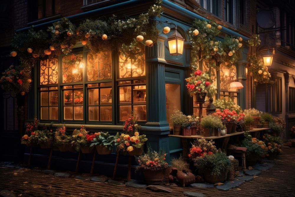 Cosy flower shop christmas lighting street. 