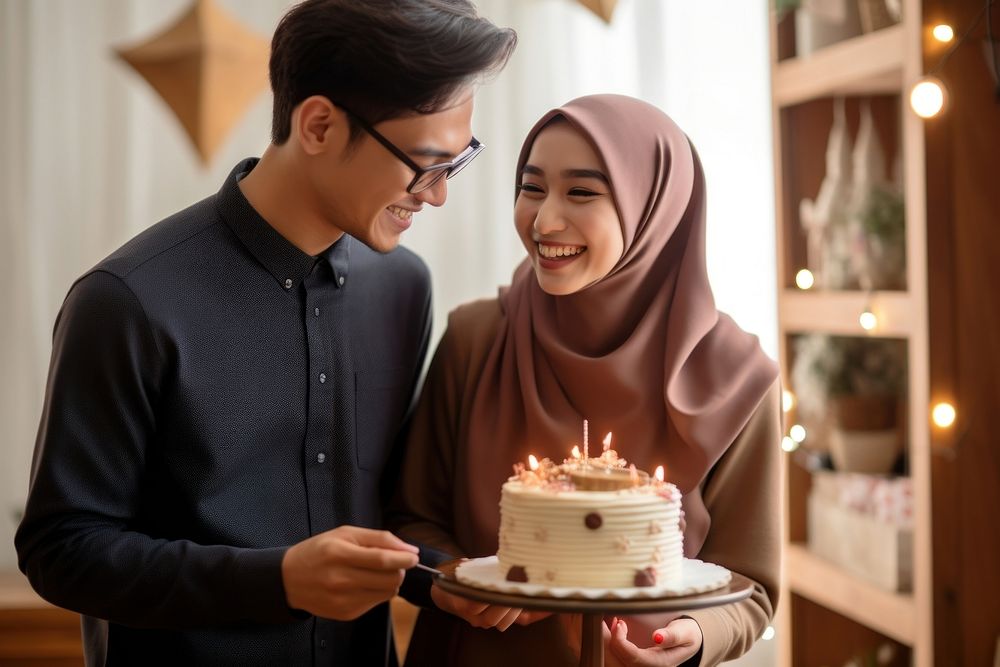 Malaysian couple holding birthday cake dessert smiling adult. AI generated Image by rawpixel.