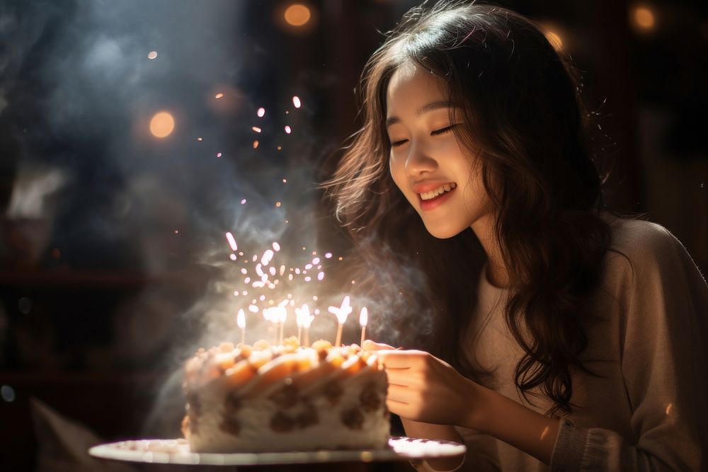 Singaporean holding cake birthday blowing dessert. AI generated Image by rawpixel.