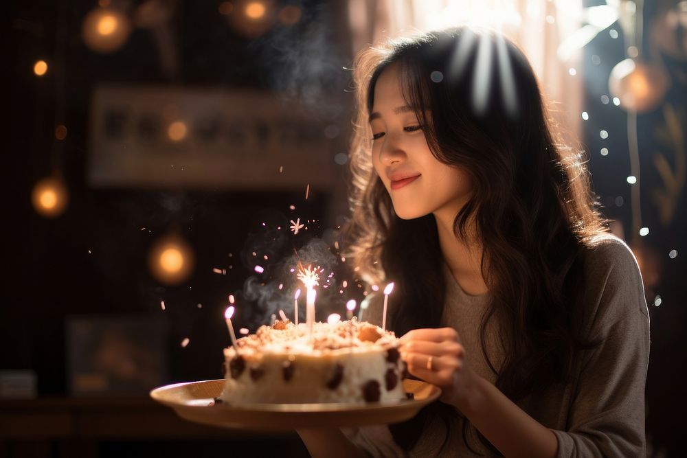 Singaporean holding cake birthday blowing dessert. AI generated Image by rawpixel.