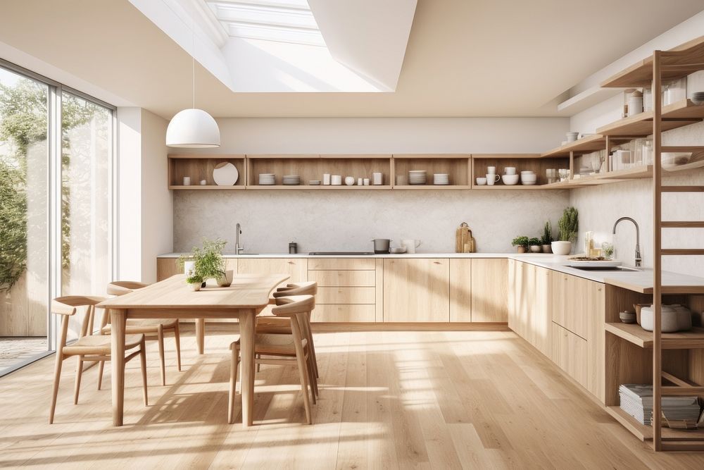 Scandinavian kitchen wood architecture furniture. AI generated Image by rawpixel.