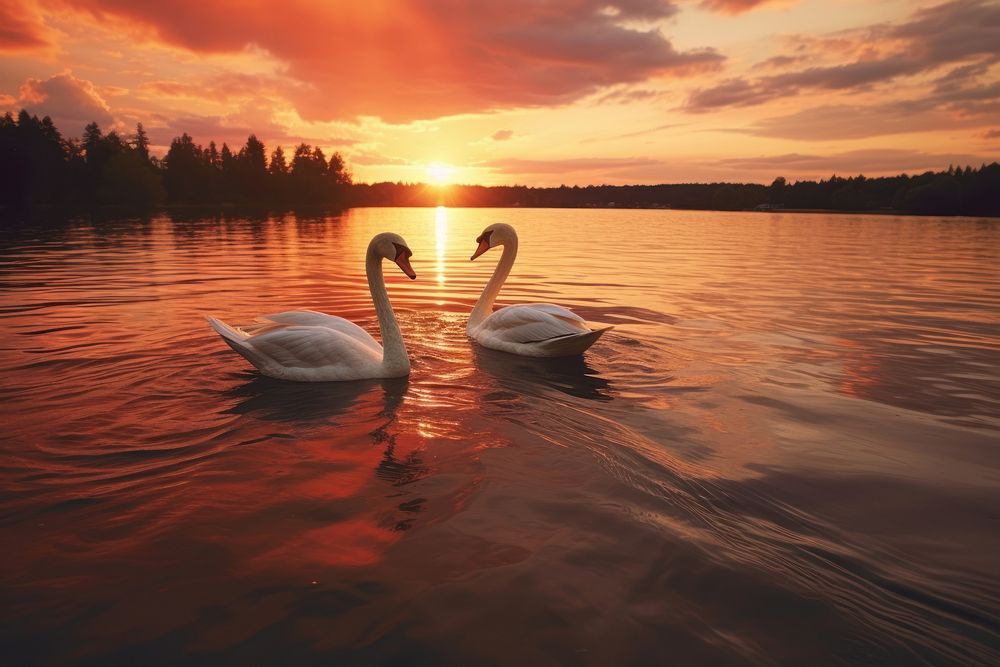 Swans swimming outdoors nature sunset. AI generated Image by rawpixel.
