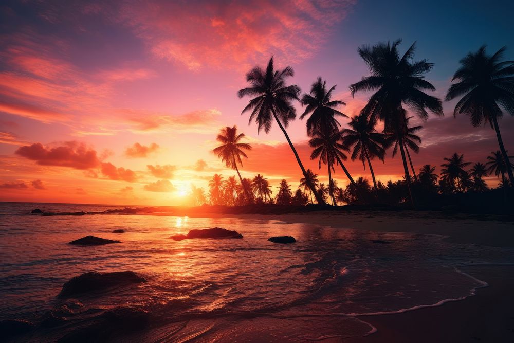 Palm trees sunset beach landscape. AI generated Image by rawpixel.