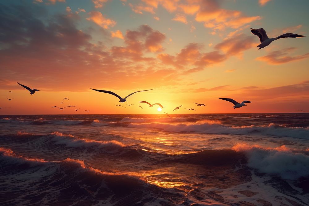 Flock of birds sunset flying ocean. AI generated Image by rawpixel.