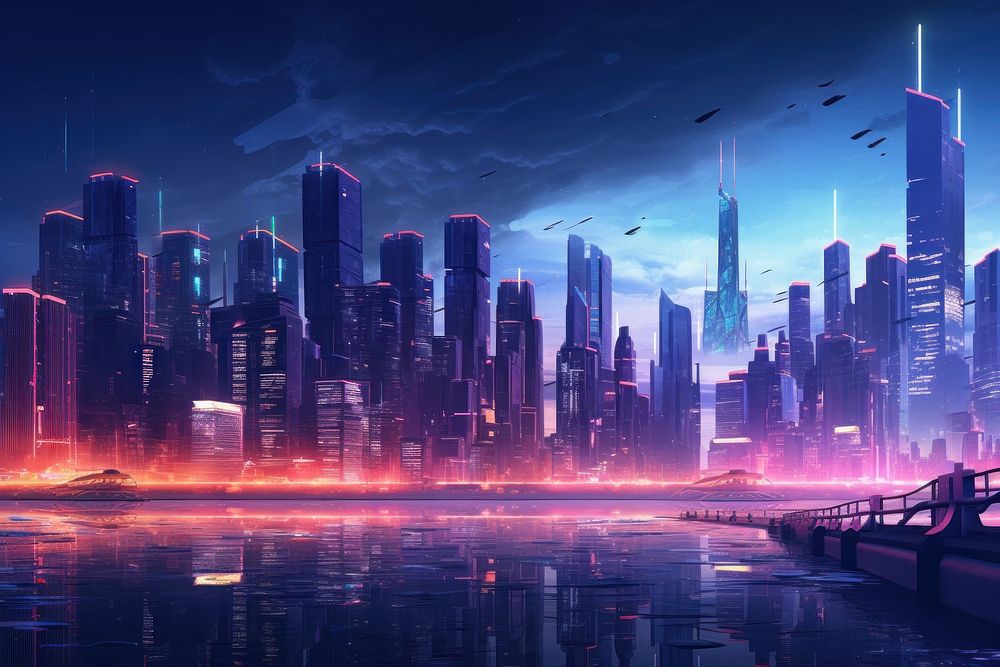 Cyberpunk cityscape architecture landscape outdoors. AI generated Image by rawpixel.