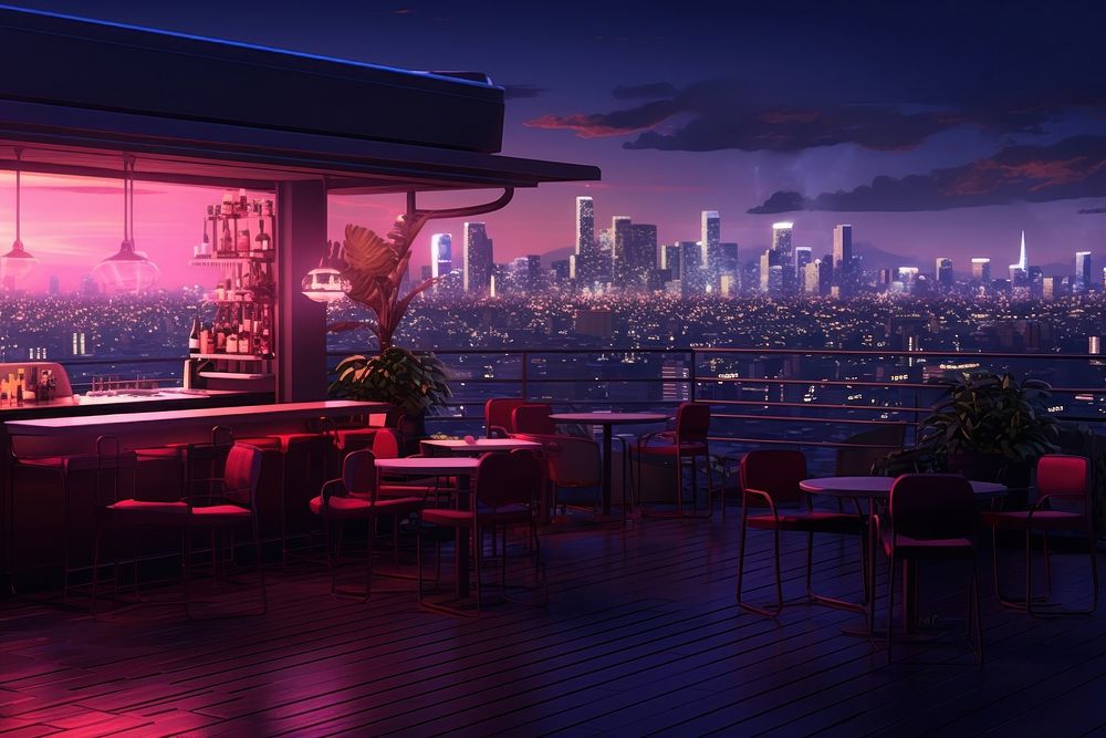 Rooftop bar architecture cityscape furniture. AI generated Image by rawpixel.