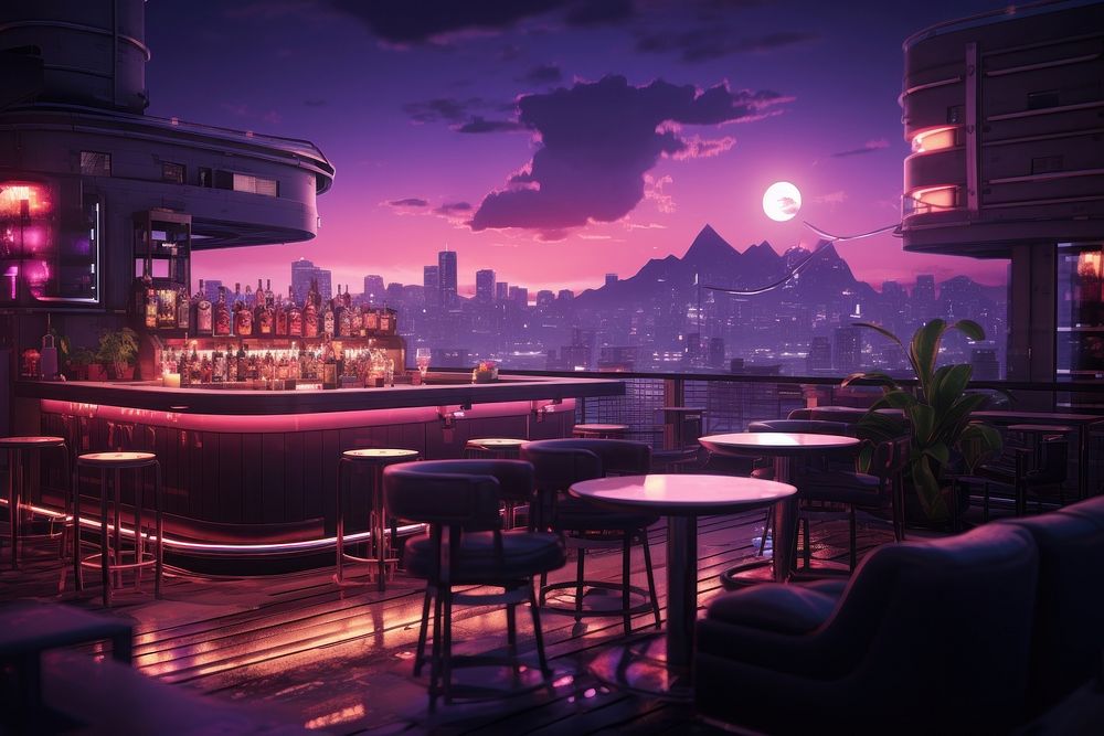 Rooftop bar night chair city. AI generated Image by rawpixel.