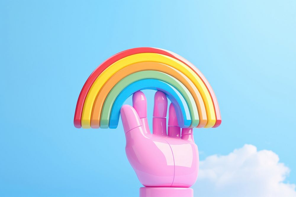 3d robot hand holding a cute rainbow toy gesturing spectrum. 