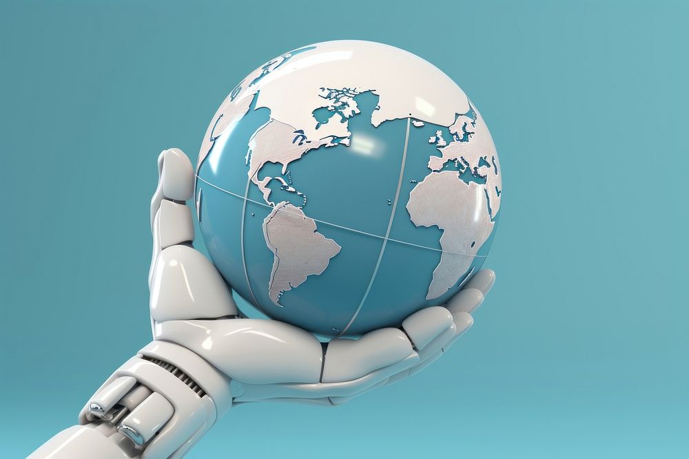 3d robot hand holding a globe technology planet space. 