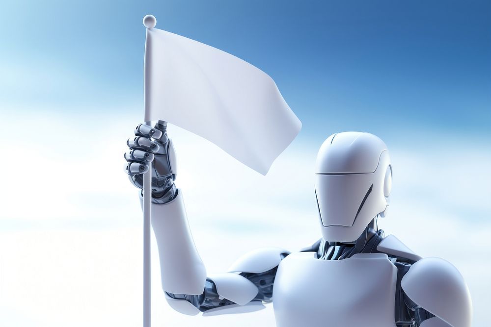 3d robot hand holding a minimal white flag machine representation protection. AI generated Image by rawpixel.
