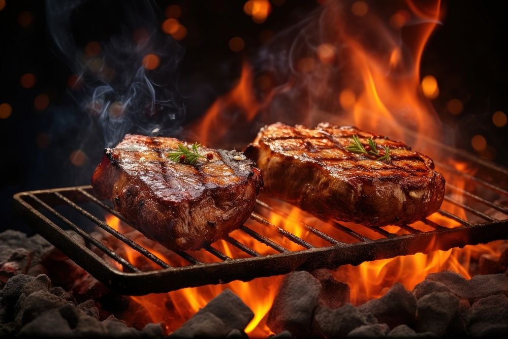 Tasty beef steaks barbecue grilling cooking. AI generated Image by rawpixel.