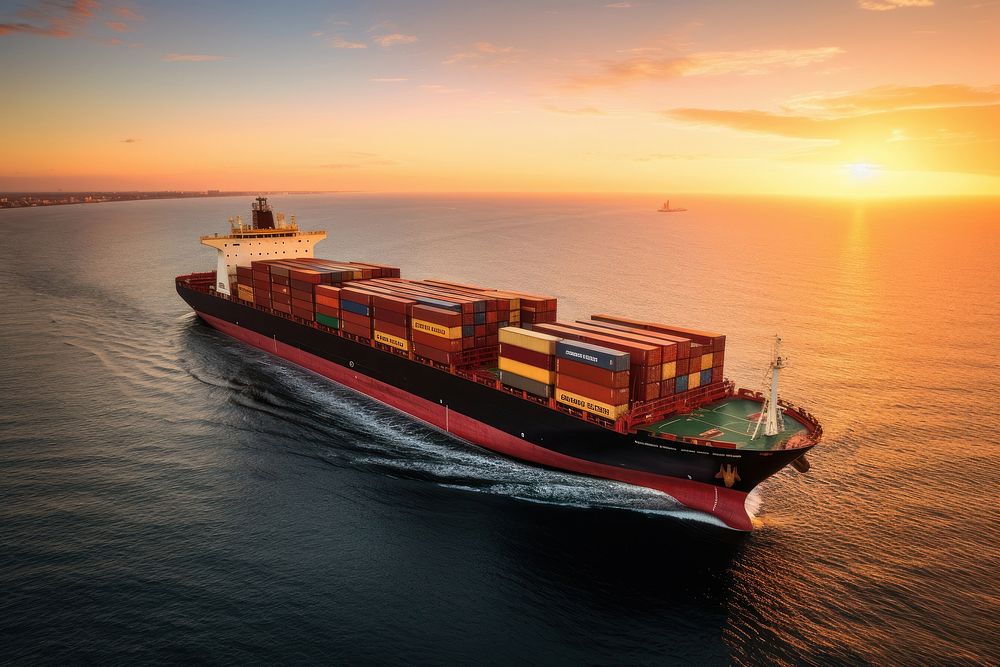 Container ship vehicle sunset ocean. AI generated Image by rawpixel.