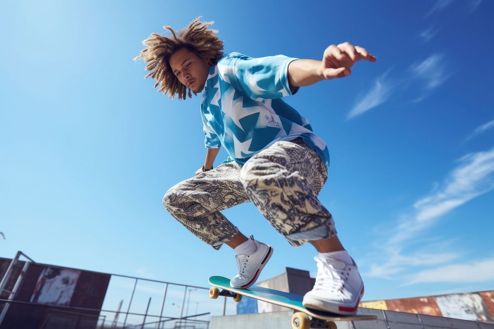 Man in a streetwear skateboarding jumping blue skateboarder. AI generated Image by rawpixel.